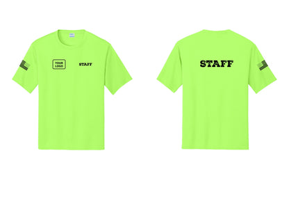 NYC Factory Custom Logo Staff Performance T-Shirt (Rustic) - STAFF + Your Logo + Back + US Flag Sleeve - Neon Green