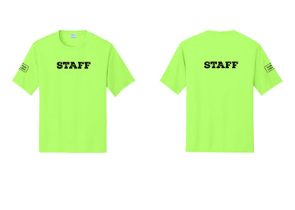 NYC Factory Custom Logo Staff Performance T-Shirt (Rustic) - Front + Back + Your Logo Sleeve - Neon Green