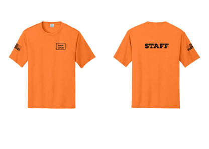 NYC Factory Custom Logo Staff Performance T-Shirt (Rustic) - Your Logo + Back + US Flag Sleeve - Neon Orange