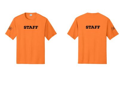 NYC Factory Custom Logo Staff Performance T-Shirt (Rustic) - Front + Back + Your Logo Sleeve - Neon Orange