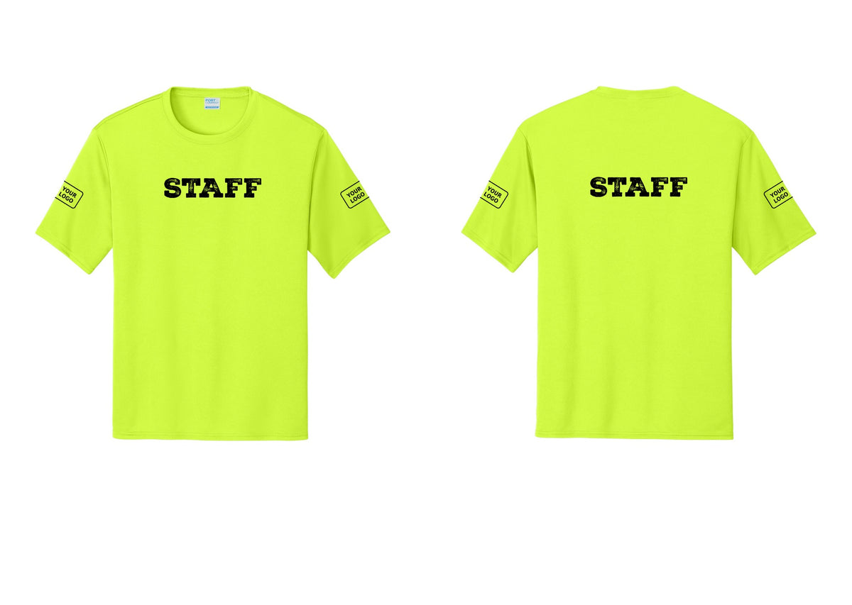 NYC Factory Custom Logo Staff Performance T-Shirt (Rustic) - Front + Back + Your Logo Sleeves - Neon Yellow