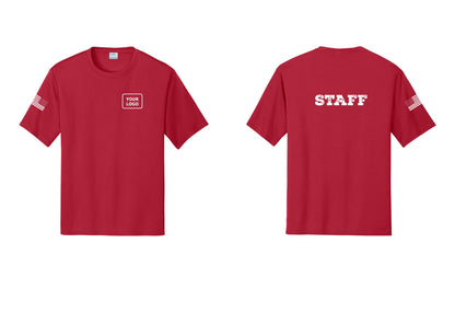 NYC Factory Custom Logo Staff Performance T-Shirt (Rustic) - Your Logo + Back + US Flag Sleeve - Red
