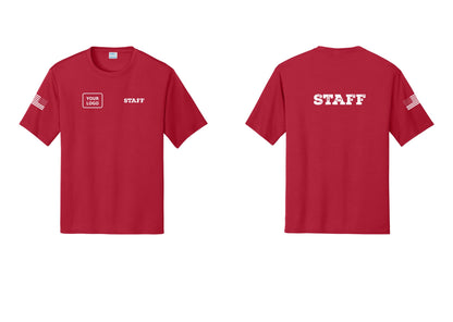 NYC Factory Custom Logo Staff Performance T-Shirt (Rustic) - STAFF + Your Logo + Back + US Flag Sleeve - Red