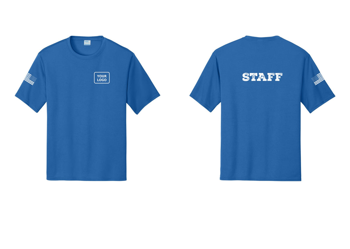 NYC Factory Custom Logo Staff Performance T-Shirt (Rustic) - Your Logo + Back + US Flag Sleeve - Royal