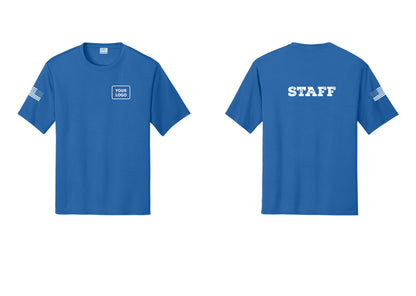 NYC Factory Custom Logo Staff Performance T-Shirt (Rustic) - Your Logo + Back + US Flag Sleeve - Royal