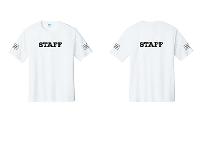 NYC Factory Custom Logo Staff Performance T-Shirt (Rustic) - Front + Back + Your Logo Sleeves - White