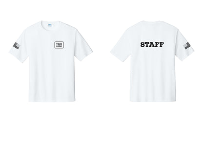 NYC Factory Custom Logo Staff Performance T-Shirt (Rustic) - Your Logo + Back + US Flag Sleeve - White