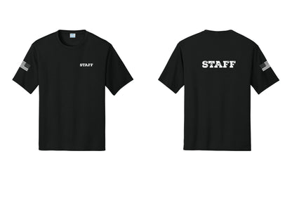 NYC Factory Staff Performance T-Shirt (Rustic) - Chest + Back + US Flag Sleeve - Black