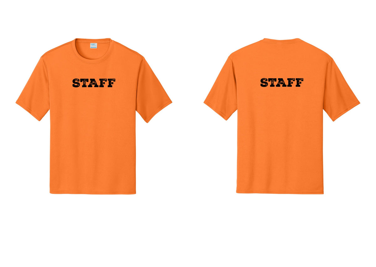 NYC Factory Staff Performance T-Shirt (Rustic) - Front + Back - Neon Orange