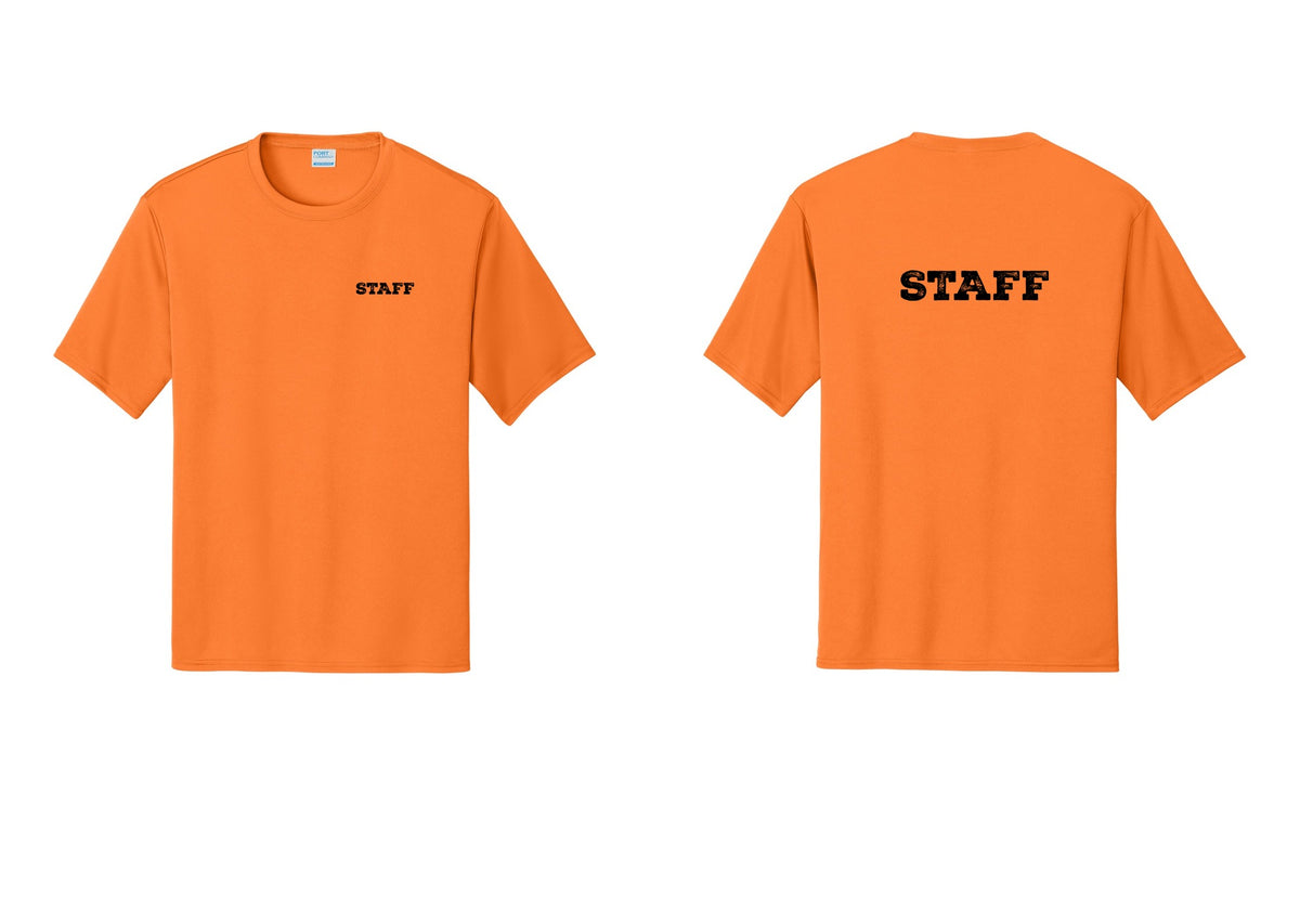NYC Factory Staff Performance T-Shirt (Rustic) - Chest + Back - Neon Orange