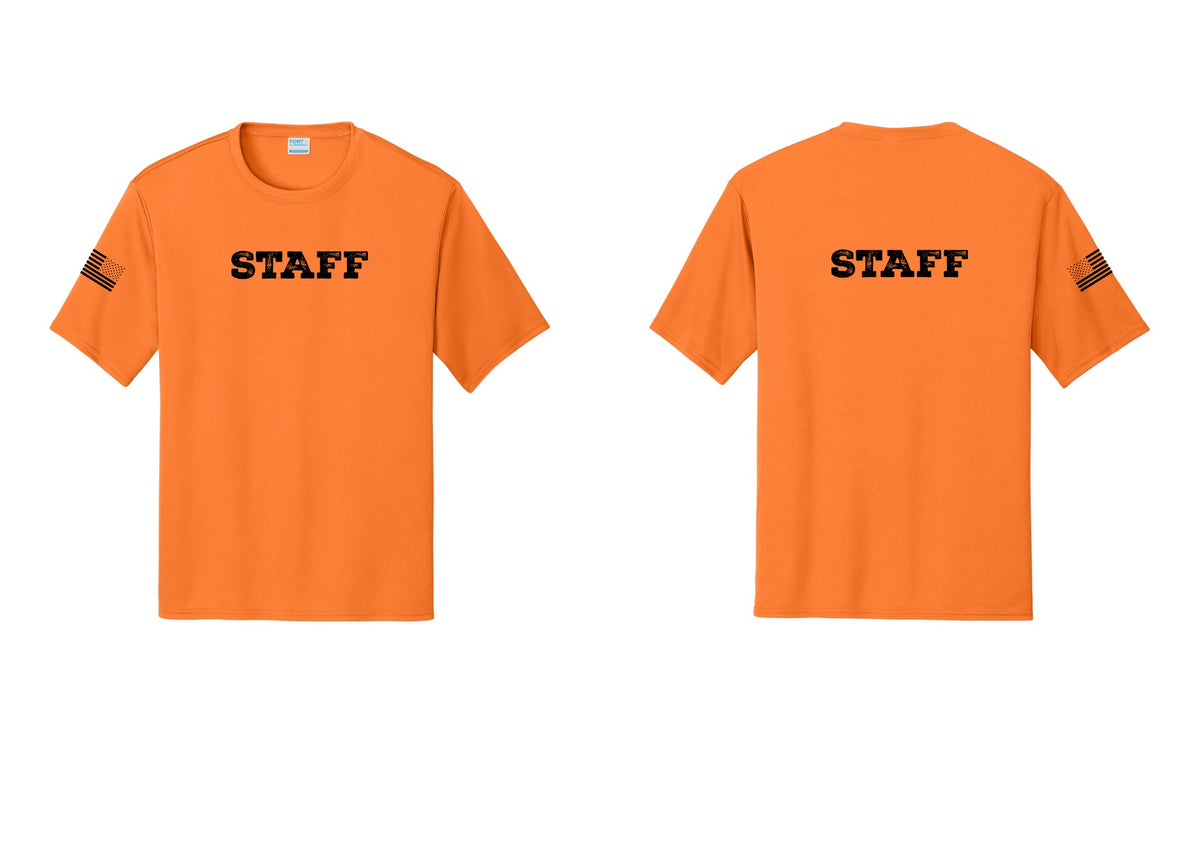 NYC Factory Staff Performance T-Shirt (Rustic) - Front + Back + US Flag Sleeve - Neon Orange