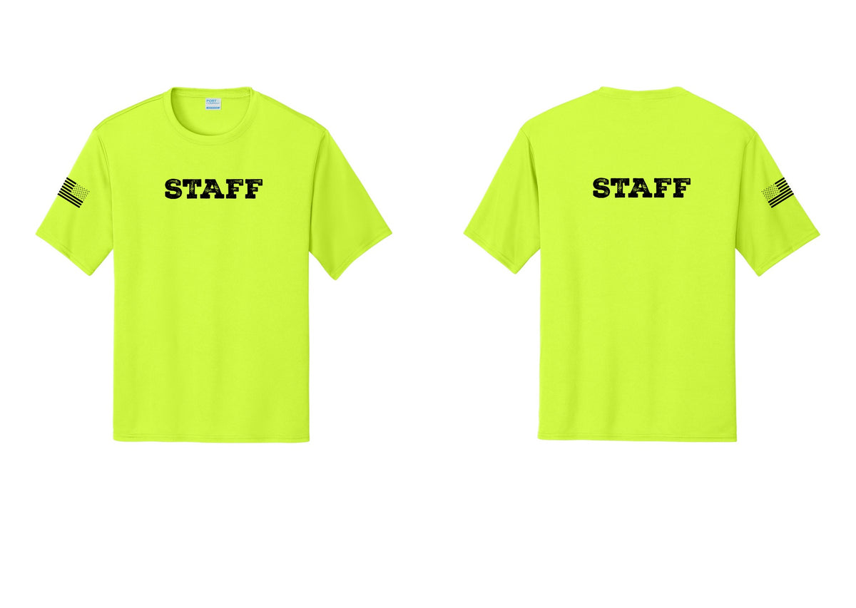 NYC Factory Staff Performance T-Shirt (Rustic) - Front + Back + US Flag Sleeve - Neon Yellow
