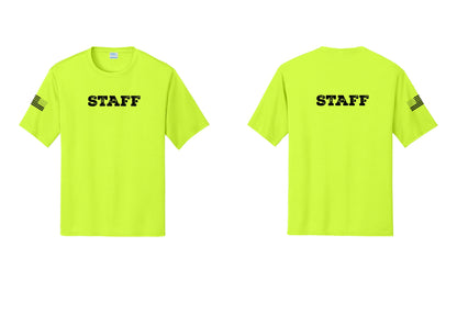 NYC Factory Staff Performance T-Shirt (Rustic) - Front + Back + US Flag Sleeve - Neon Yellow