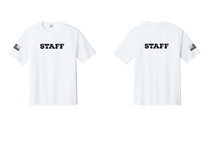 NYC Factory Staff Performance T-Shirt (Rustic) - Front + Back + US Flag Sleeve - White