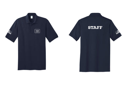 NYC Factory Custom Logo Staff Polo Shirt (Rustic) - Your Logo + Back + US Flag Sleeve - Navy