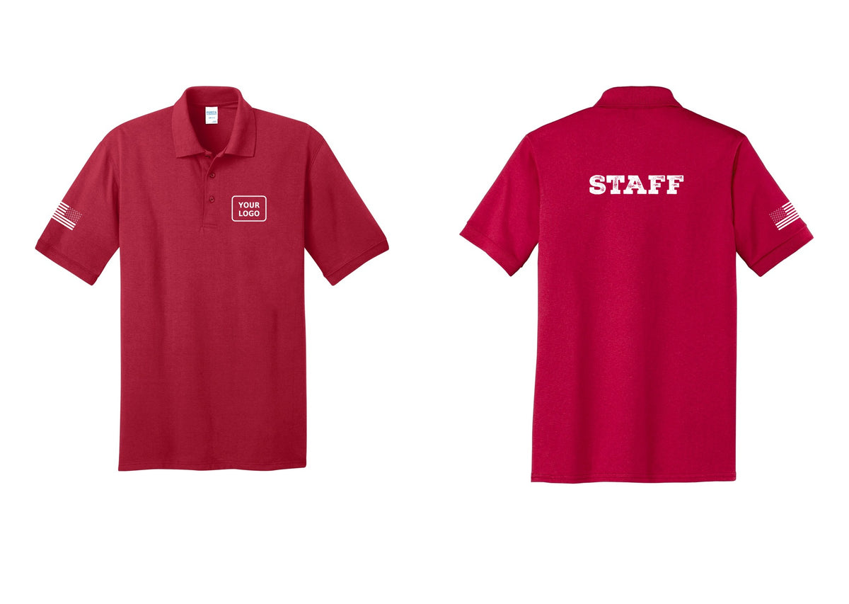 NYC Factory Custom Logo Staff Polo Shirt (Rustic) - Your Logo + Back + US Flag Sleeve - Red