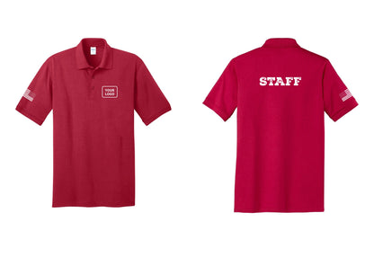 NYC Factory Custom Logo Staff Polo Shirt (Rustic) - Your Logo + Back + US Flag Sleeve - Red
