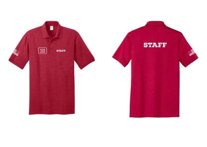NYC Factory Custom Logo Staff Polo Shirt (Rustic) - STAFF + Your Logo + Back + US Flag Sleeve - Red