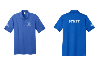 NYC Factory Custom Logo Staff Polo Shirt (Rustic) - Your Logo + Back + US Flag Sleeve - Royal