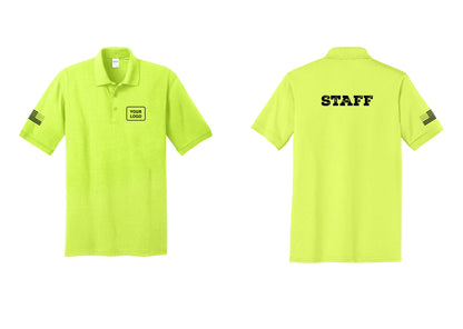 NYC Factory Custom Logo Staff Polo Shirt (Rustic) - Your Logo + Back + US Flag Sleeve - Safety Green