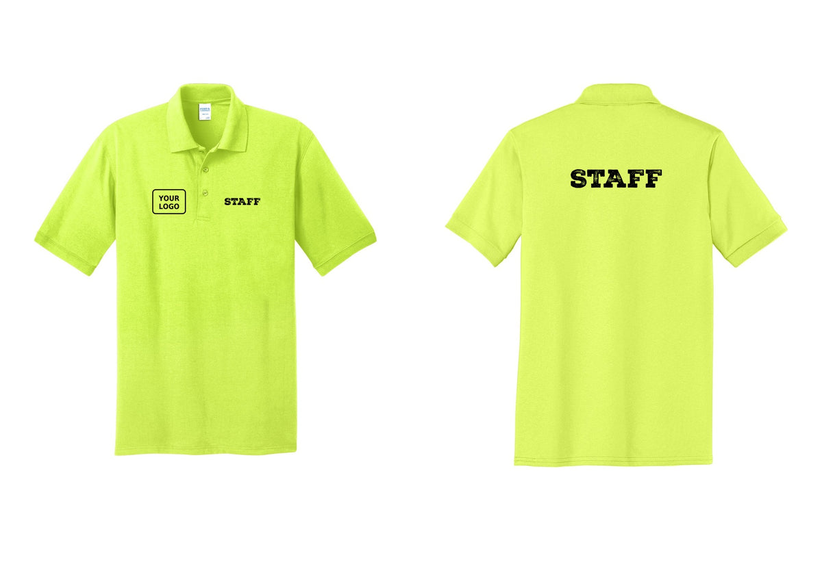 NYC Factory Custom Logo Staff Polo Shirt (Rustic) - STAFF + Your Logo + Back - Safety Green