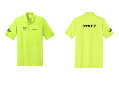 NYC Factory Custom Logo Staff Polo Shirt (Rustic) - STAFF + Your Logo + Back + US Flag Sleeve - Safety Green