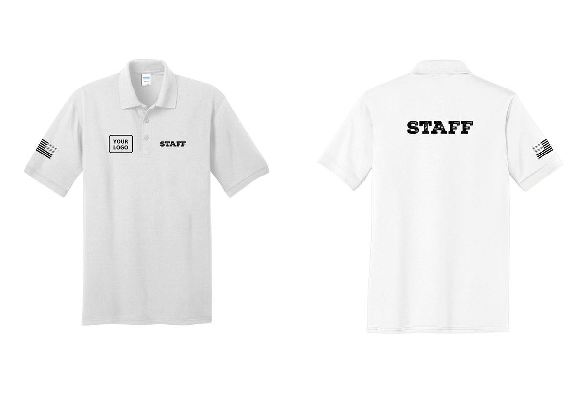 NYC Factory Custom Logo Staff Polo Shirt (Rustic) - STAFF + Your Logo + Back + US Flag Sleeve - White