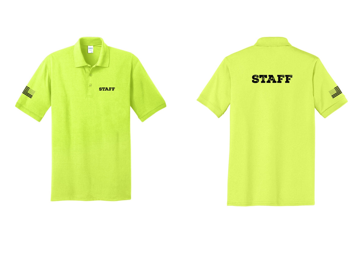 NYC Factory Staff Polo Shirt (Rustic) - Chest + Back + US Flag Sleeve - Safety Green