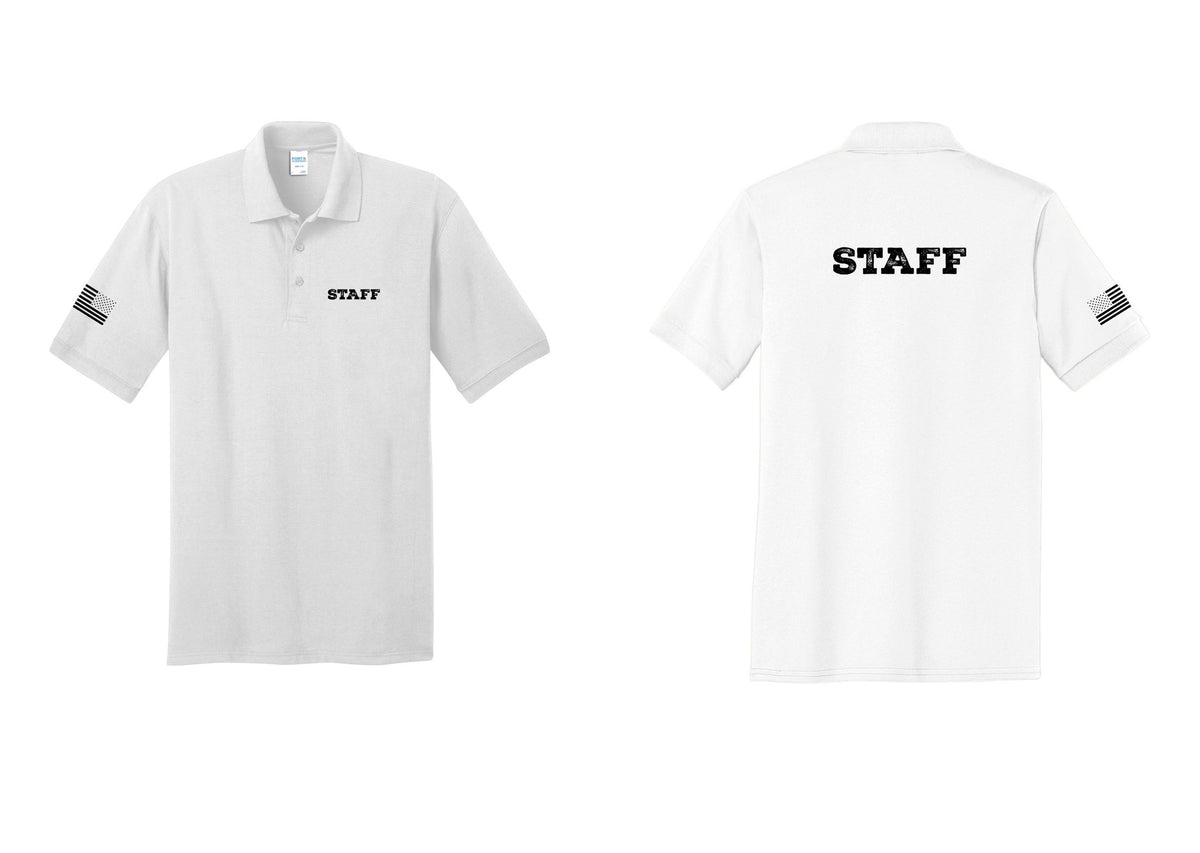 NYC Factory Staff Polo Shirt (Rustic) - Chest + Back + US Flag Sleeve - White