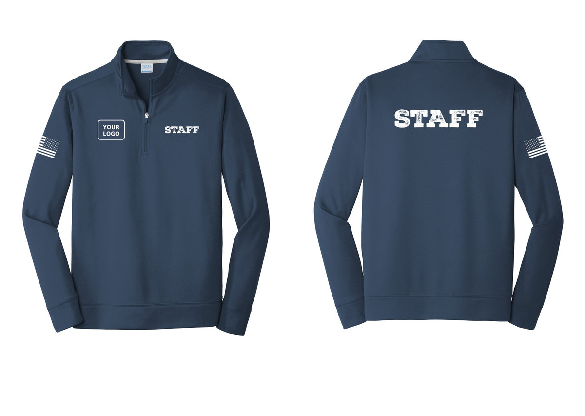 NYC Factory Custom Logo Staff Performance Fleece 1/4-Zip Pullover Sweatshirt (Rustic) - STAFF + Your Logo + Back + US Flag Sleeve - Navy