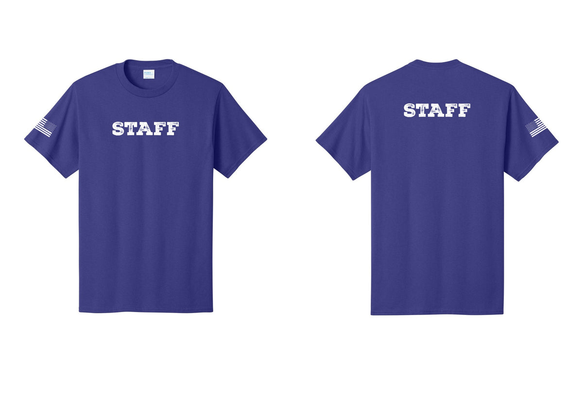 NYC Factory Staff T-Shirt, Rustic Lettering - Front + Back + US Flag Sleeve - Purple