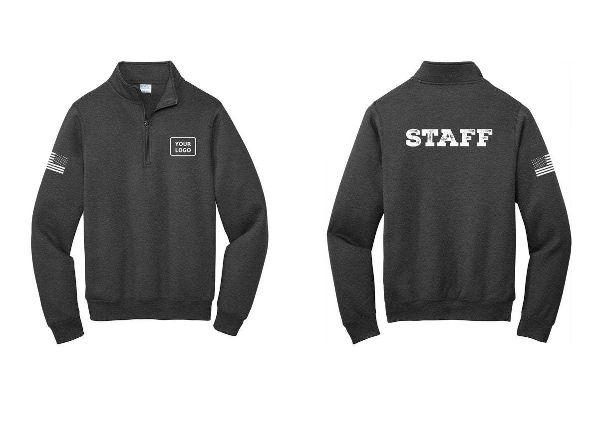 NYC Factory Custom Logo Staff Cotton Fleece 1/4-Zip Pullover Sweatshirt (Rustic) - Your Logo + Back + US Flag Sleeve - Dark Heather Grey