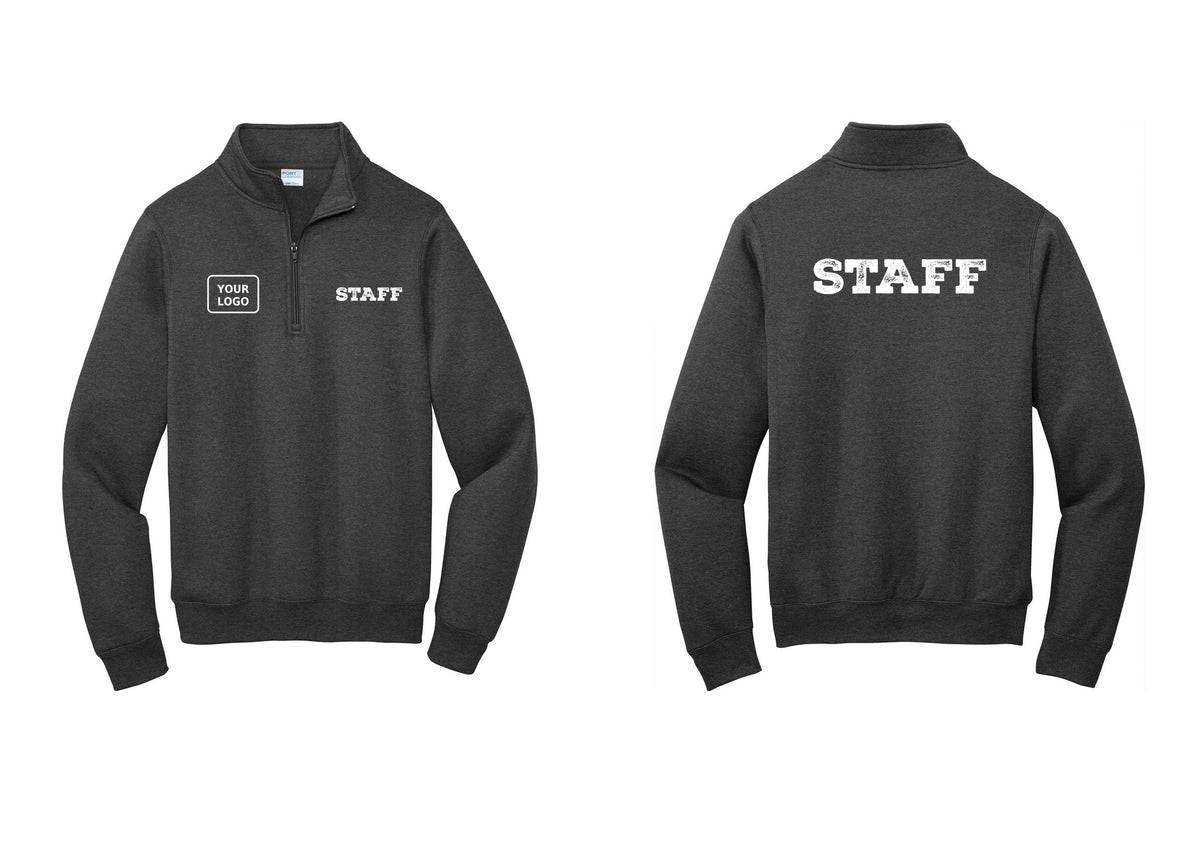 NYC Factory Custom Logo Staff Cotton Fleece 1/4-Zip Pullover Sweatshirt (Rustic) - STAFF + Your Logo + Back - Dark Heather Grey