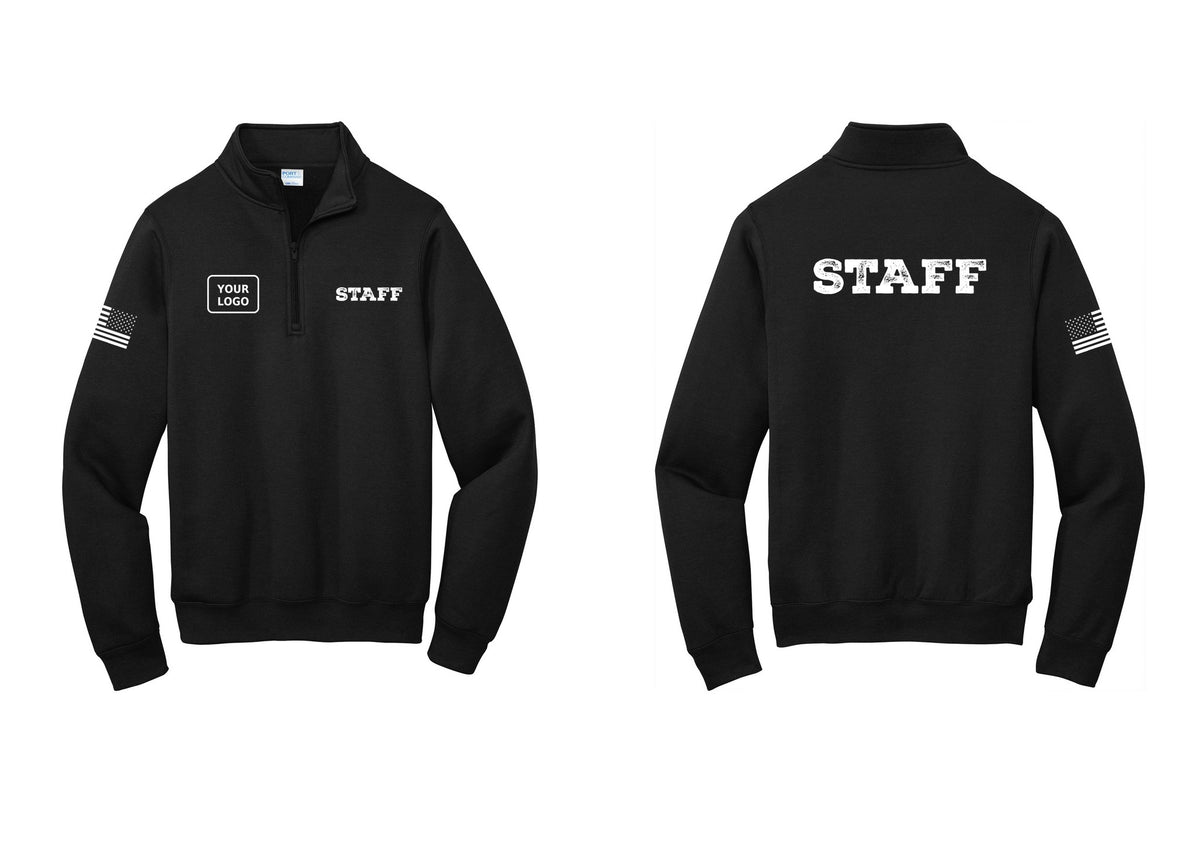 NYC Factory Custom Logo Staff Cotton Fleece 1/4-Zip Pullover Sweatshirt (Rustic) - STAFF + Your Logo + Back + US Flag Sleeve - Black
