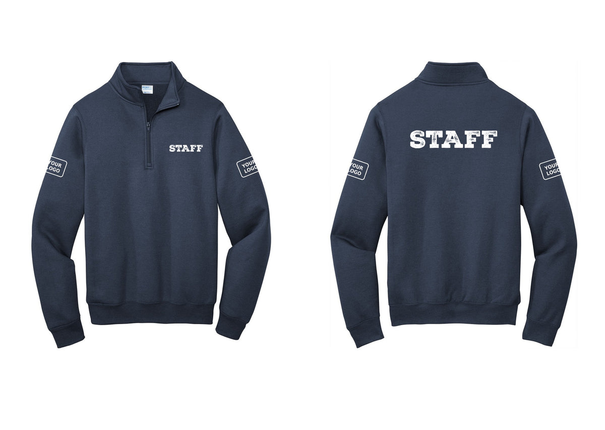 NYC Factory Custom Logo Staff Cotton Fleece 1/4-Zip Pullover Sweatshirt (Rustic) - Chest + Back + Your Logo Sleeves - Navy