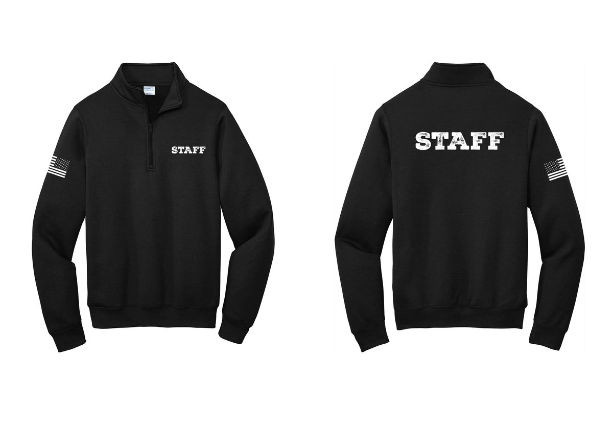 NYC Factory Staff Cotton Fleece 1/4-Zip Pullover Sweatshirt (Rustic) - Chest + Back + US Flag Sleeve - Black