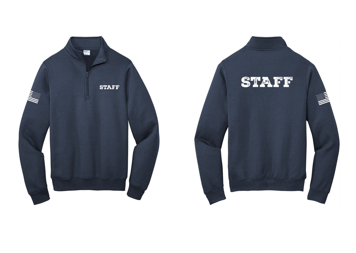 NYC Factory Staff Cotton Fleece 1/4-Zip Pullover Sweatshirt (Rustic) - Chest + Back + US Flag Sleeve - Navy