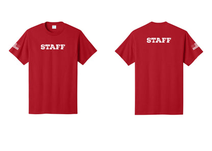NYC Factory Staff T-Shirt, Rustic Lettering - Front + Back + US Flag Sleeve - Red