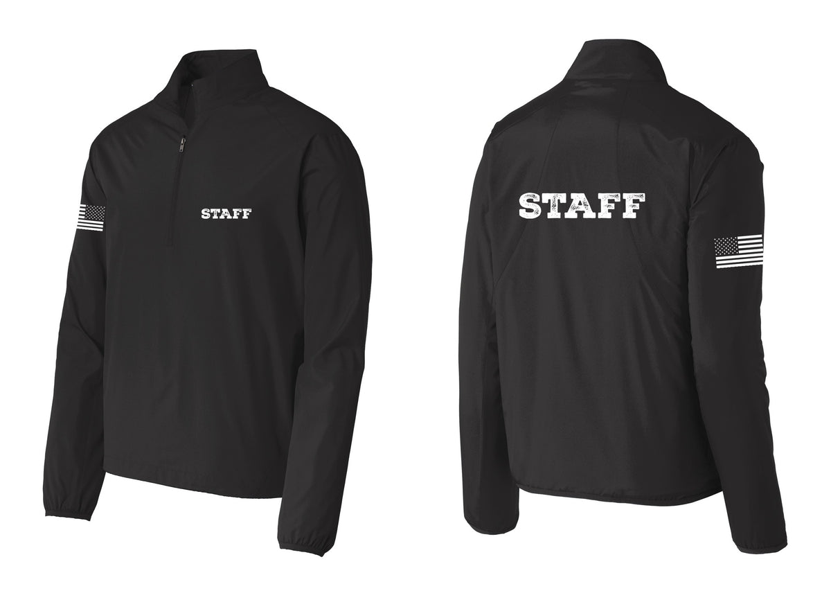 NYC Factory Staff Windbreaker 1/2-Zip Pullover (Rustic) - Chest + Back + US Flag Sleeve - Black