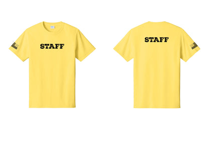 NYC Factory Staff T-Shirt, Rustic Lettering - Front + Back + US Flag Sleeve - Yellow
