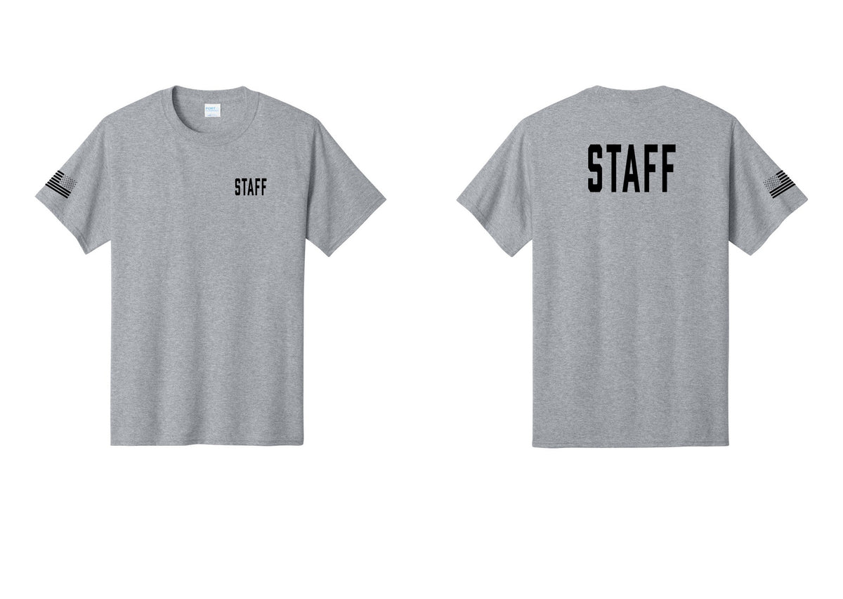 NYC Factory Staff T-Shirt, Condensed Lettering - Chest + Back + US Flag Sleeve - Athletic Heather