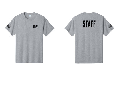 NYC Factory Staff T-Shirt, Condensed Lettering - Chest + Back + US Flag Sleeve - Athletic Heather