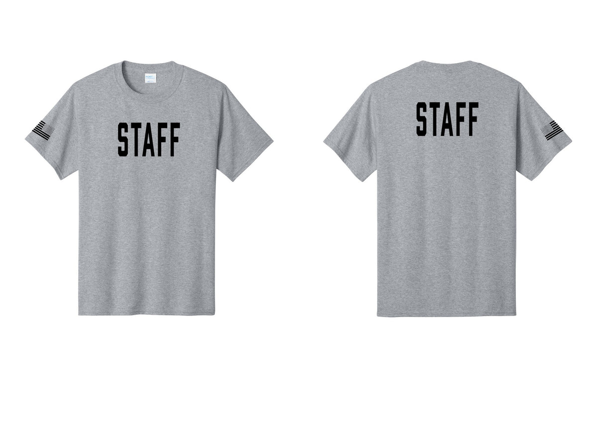 NYC Factory Staff T-Shirt, Condensed Lettering - Front + Back + US Flag Sleeve - Athletic Heather