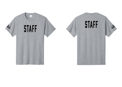 NYC Factory Staff T-Shirt, Condensed Lettering - Front + Back + US Flag Sleeve - Athletic Heather