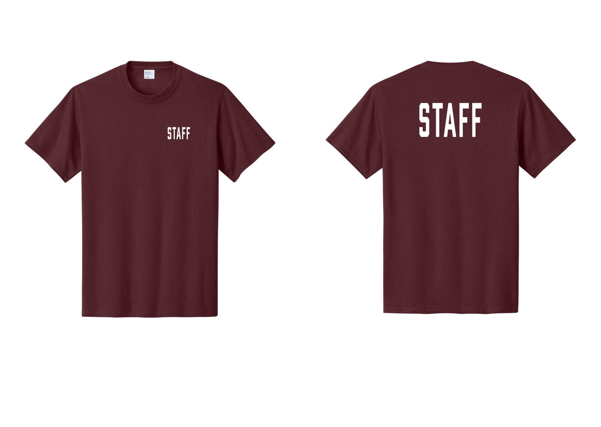 NYC Factory Staff T-Shirt, Condensed Lettering - Chest + Back - Athletic Maroon
