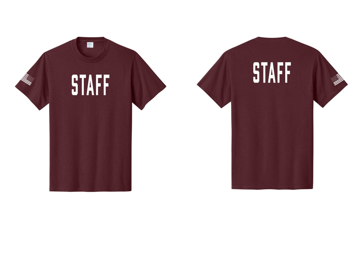 NYC Factory Staff T-Shirt, Condensed Lettering - Front + Back + US Flag Sleeve - Athletic Maroon