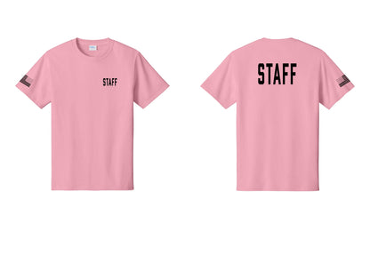 NYC Factory Staff T-Shirt, Condensed Lettering - Chest + Back + US Flag Sleeve - Candy Pink