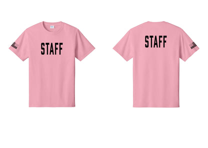 NYC Factory Staff T-Shirt, Condensed Lettering - Front + Back + US Flag Sleeve - Candy Pink