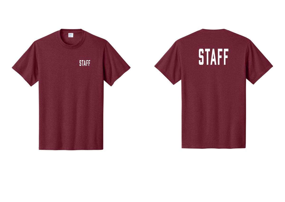 NYC Factory Staff T-Shirt, Condensed Lettering - Chest + Back - Cardinal