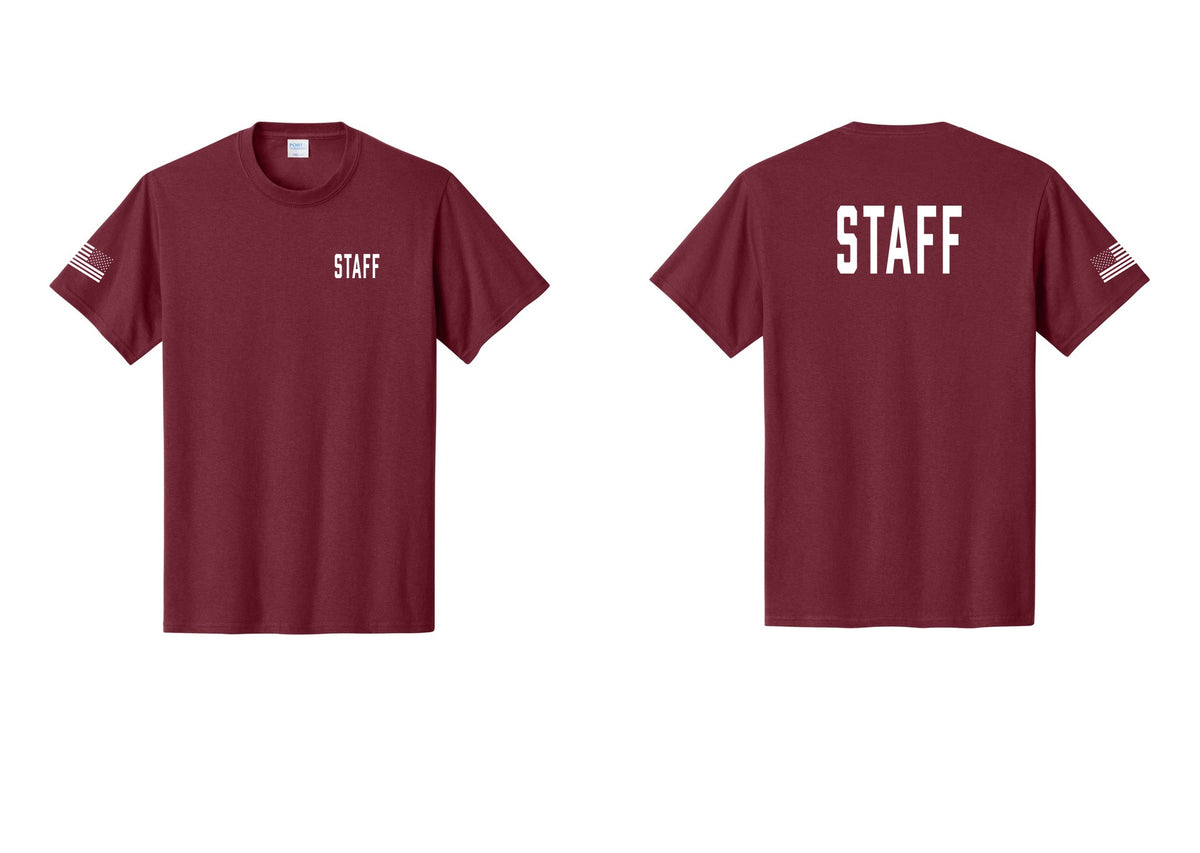 NYC Factory Staff T-Shirt, Condensed Lettering - Chest + Back + US Flag Sleeve - Cardinal